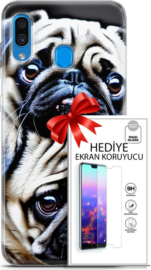 Samsung Galaxy A20 Kılıf Orijinal Seri Dogs 20 İkili Pug Renkli Kılıf Ekran Koruyucu