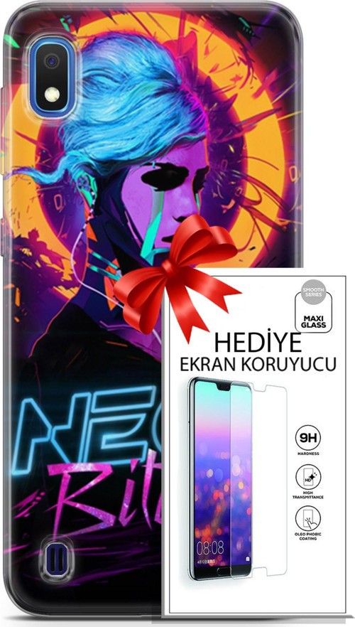 Samsung Galaxy A10 Kılıf Orijinal Seri Cyberpunk 25 Neon Soyulmayan Kılıf + Ekran Koruyucu Full Koruma