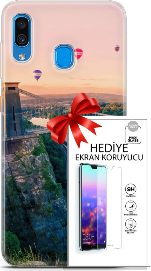 Samsung Galaxy A20 Kılıf Orijinal Seri Fantasy 07 Köprü Balonlar Desenli Kılıf + Ön Ekran Koruyucu