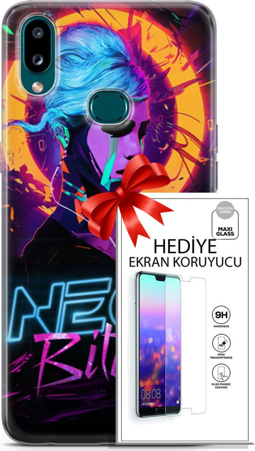 Samsung Galaxy A10S Kılıf Orijinal Seri Cyberpunk 25 Neon Soyulmayan Kılıf + Ekran Koruyucu Full Koruma