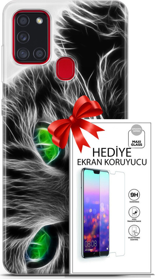 Samsung Galaxy A21S Kılıf Orijinal Seri Scotish-British 27 Yeşil Gözlü Kedi Lazer Kesim Silikon Ekran Koruyucu