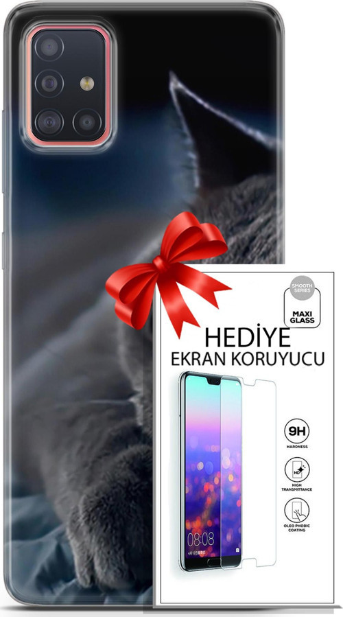 Samsung Galaxy A51 Kılıf Orijinal Seri Scotish-British 20 Yatan Kedi Renkli Kılıf Ekran Koruyucu