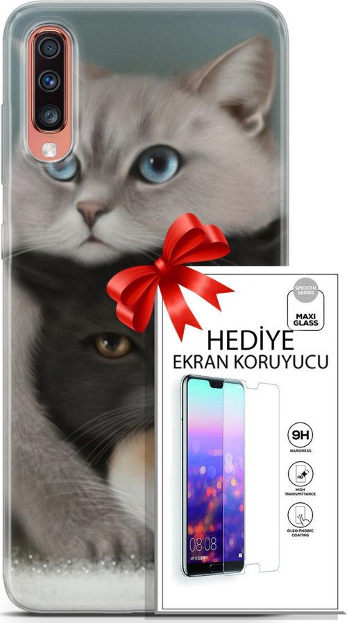 Samsung Galaxy A70 Kılıf Orijinal Seri Scotish-British 13 Beyaz Gri Kahve Kediler Case Kapak Ekran Koruyucu