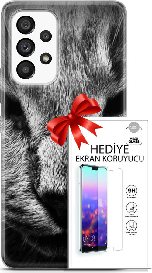 Samsung Galaxy A53 5G Kılıf Orijinal Seri Scotish-British 23 Gri Detay Kedi Telefon Kabı Ve Ekran Koruyucu