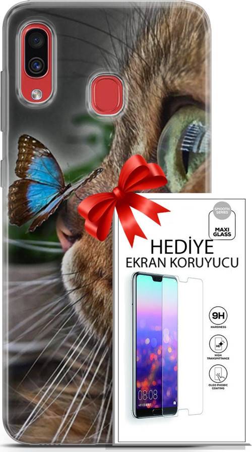 Samsung Galaxy A30 Kılıf Orijinal Seri Scotish-British 12 Munchkin Kelebek Tasarım Kılıf + Ekran Koruyucu