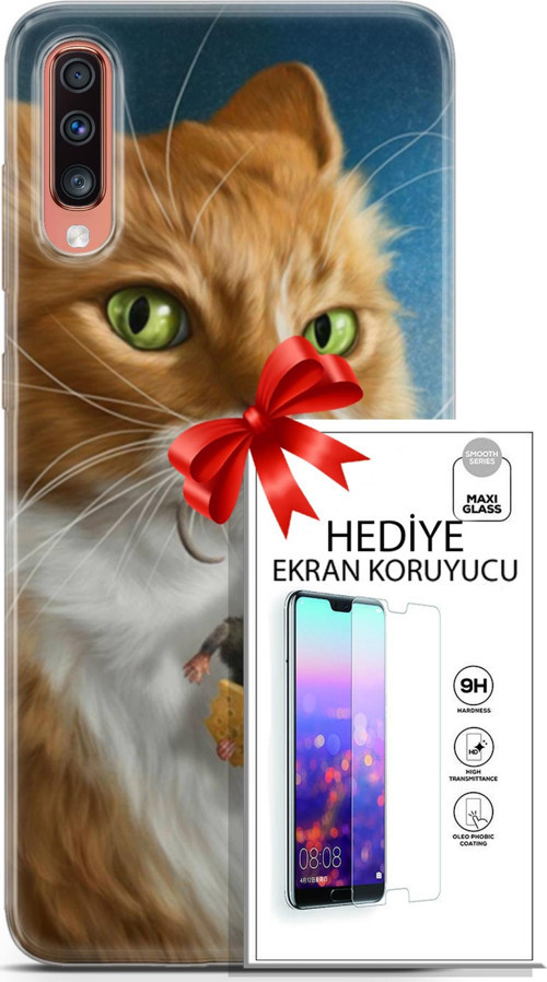 Samsung Galaxy A70 Kılıf Orijinal Seri Scotish-British 14 Sibirya Kedisi Avcı Cover Kılıf + Ön Ekran Koruyucu