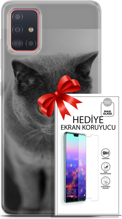 Samsung Galaxy A51 Kılıf Orijinal Seri Scotish-British 04 Turuncu Göz Silikon Kılıf + Ekran Koruyucu