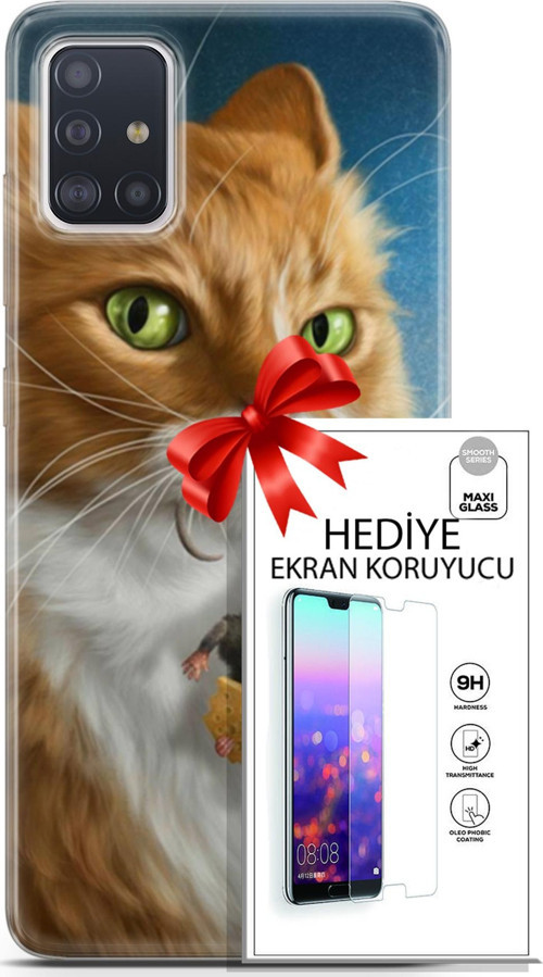 Samsung Galaxy A71 Kılıf Orijinal Seri Scotish-British 14 Sibirya Kedisi Avcı Cover Kılıf + Ön Ekran Koruyucu