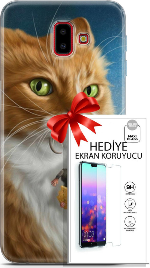 Samsung Galaxy J6 Plus Kılıf Orijinal Seri Scotish-British 14 Sibirya Kedisi Avcı Cover Kılıf + Ön Ekran Koruyucu
