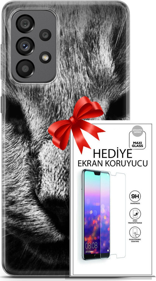 Samsung Galaxy A73 5G Kılıf Orijinal Seri Scotish-British 23 Gri Detay Kedi Telefon Kabı Ve Ekran Koruyucu