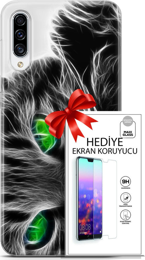 Samsung Galaxy A70S Kılıf Orijinal Seri Scotish-British 27 Yeşil Gözlü Kedi Lazer Kesim Silikon Ekran Koruyucu