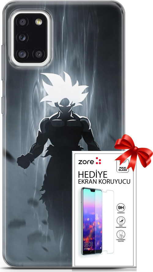 Samsung Galaxy A31 Kılıf Orijinal Seri Supers 27 Dark Goku Lazer Kesim Silikon Ekran Koruyucu