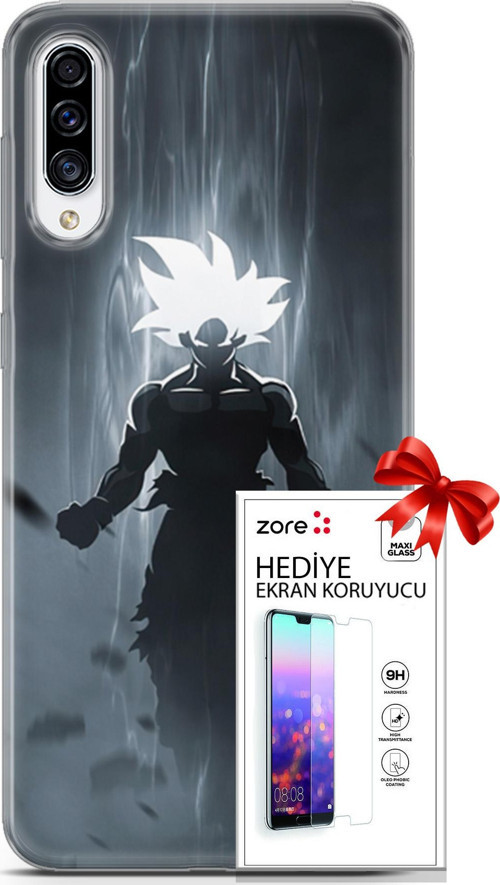 Samsung Galaxy A70S Kılıf Orijinal Seri Supers 27 Dark Goku Lazer Kesim Silikon Ekran Koruyucu