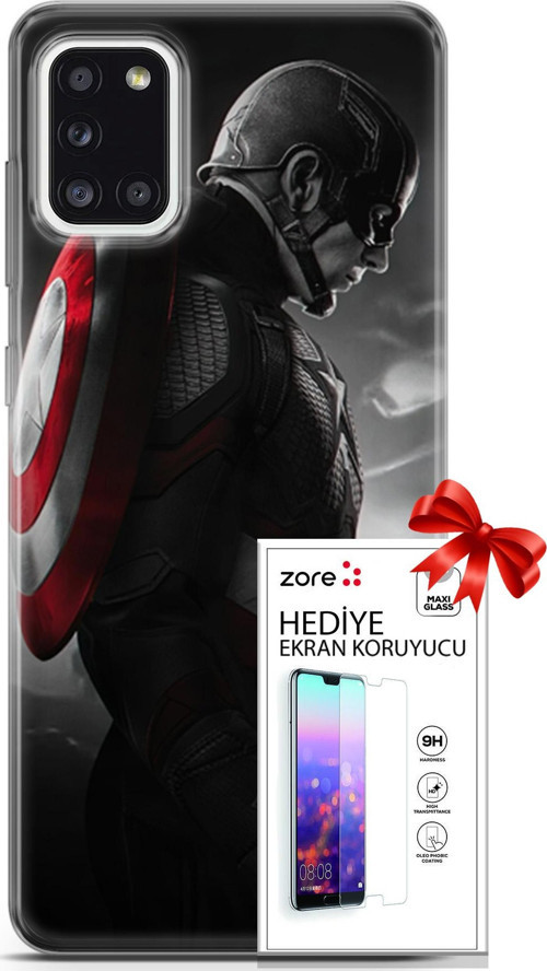 Samsung Galaxy A31 Kılıf Orijinal Seri Supers 18 Captain America Parlak Kılıf + Ekran Koruyucu Full