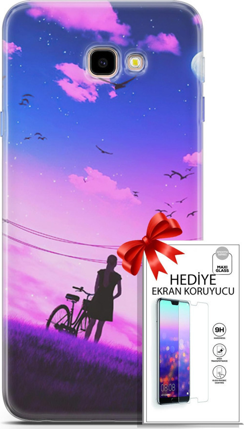 Samsung Galaxy J4 Plus Kılıf Orijinal Seri Algorand 28 Bisikletli Kız İz Bırakmayan Kılıf + Ön Ekran Koruyucu