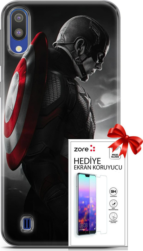 Samsung Galaxy M10 Kılıf Orijinal Seri Supers 18 Captain America Parlak Kılıf + Ekran Koruyucu Full