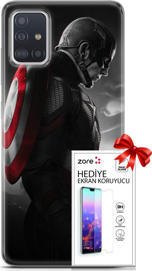 Samsung Galaxy A71 Kılıf Orijinal Seri Supers 18 Captain America Parlak Kılıf + Ekran Koruyucu Full