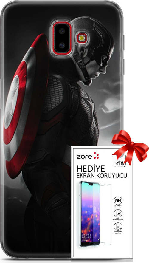 Samsung Galaxy J6 Plus Kılıf Orijinal Seri Supers 18 Captain America Parlak Kılıf + Ekran Koruyucu F