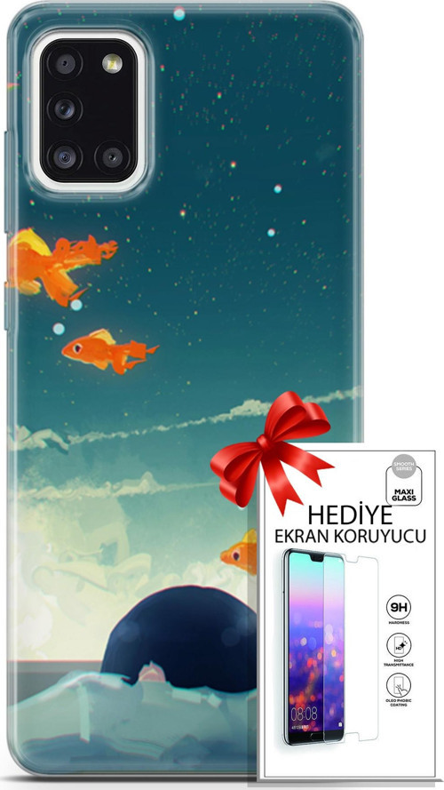 Samsung Galaxy A31 Kılıf Orijinal Seri Algorand 29 Uçan Balıklar Leke Tutmaz Kapak + Ekran Koruyucu