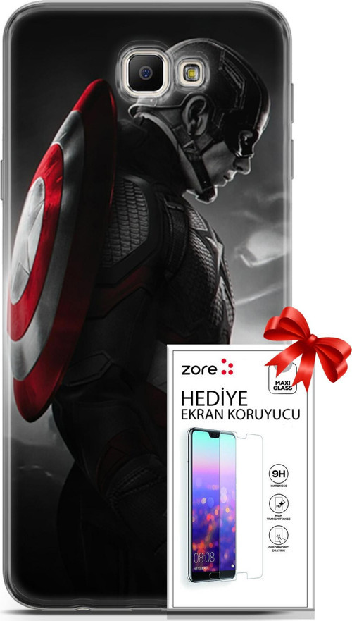 Samsung Galaxy J7 Prime Kılıf Orijinal Seri Supers 18 Captain America Parlak Kılıf + Ekran Koruyucu