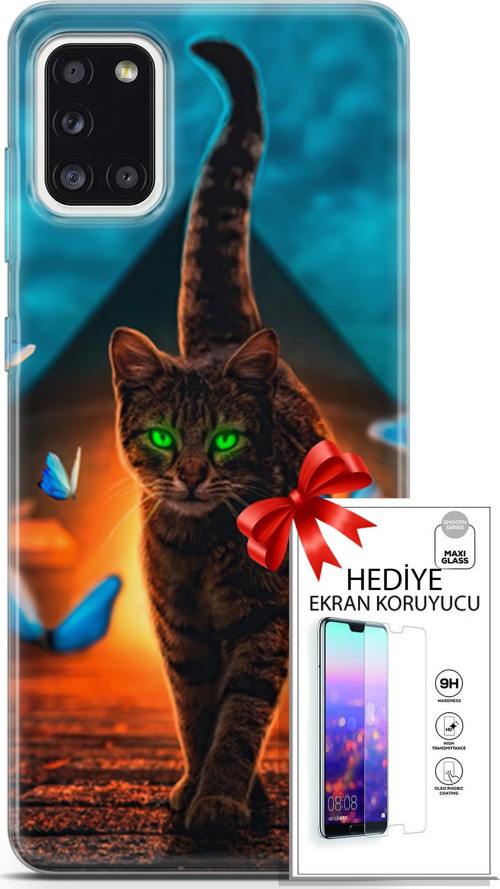 Samsung Galaxy A31 Kılıf Orijinal Seri Algorand 09 Yeşil Neon Kedi Uv Kılıf Ve Ekran Koruyucu