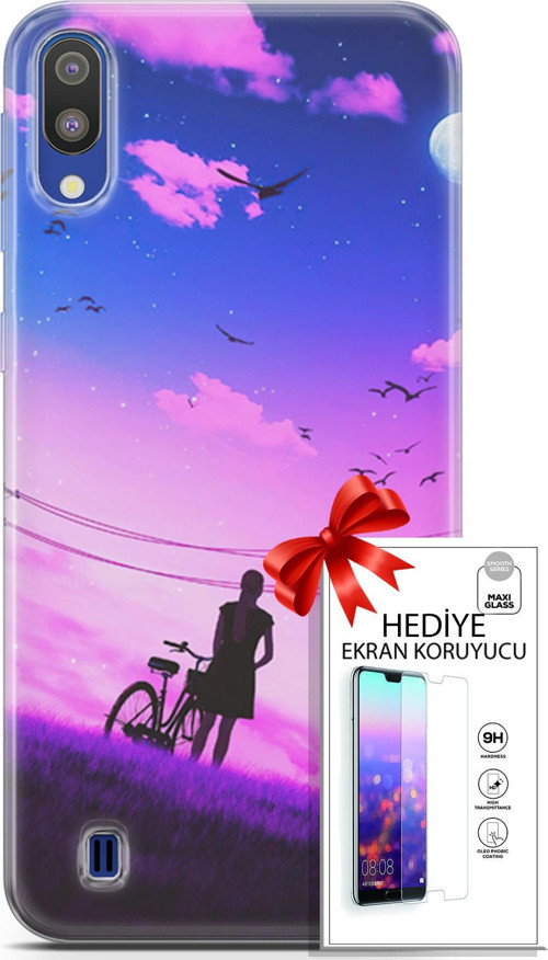 Samsung Galaxy M10 Kılıf Orijinal Seri Algorand 28 Bisikletli Kız İz Bırakmayan Kılıf + Ön Ekran Koruyucu