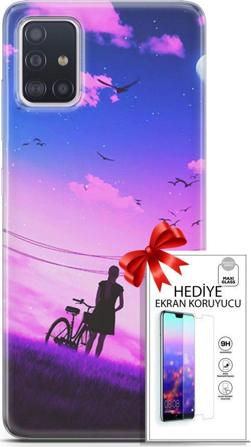 Samsung Galaxy A71 Kılıf Orijinal Seri Algorand 28 Bisikletli Kız İz Bırakmayan Kılıf + Ön Ekran Koruyucu