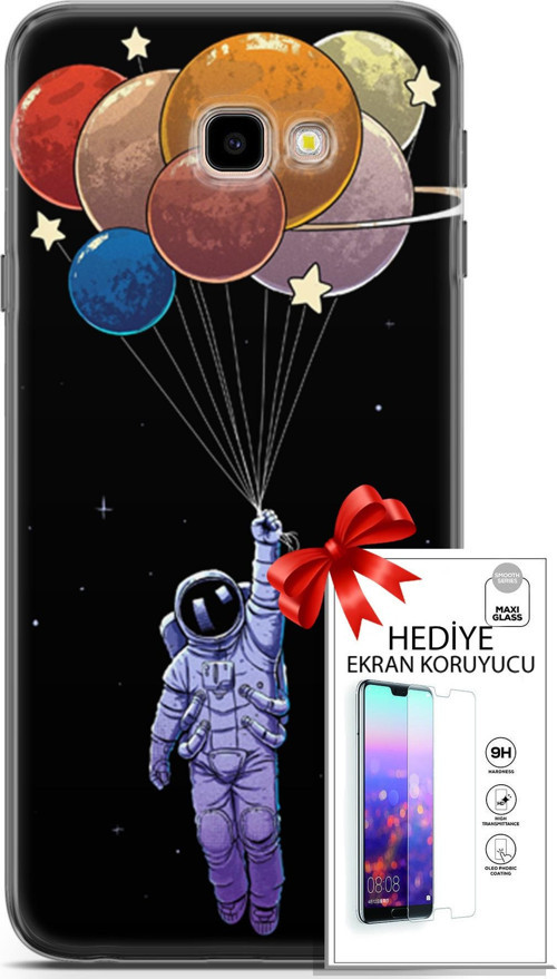 Samsung Galaxy J4 Plus Kılıf Orijinal Seri Algorand 07 Uçan Balon Astronot Desenli Kılıf + Ön Ekran Koruyucu