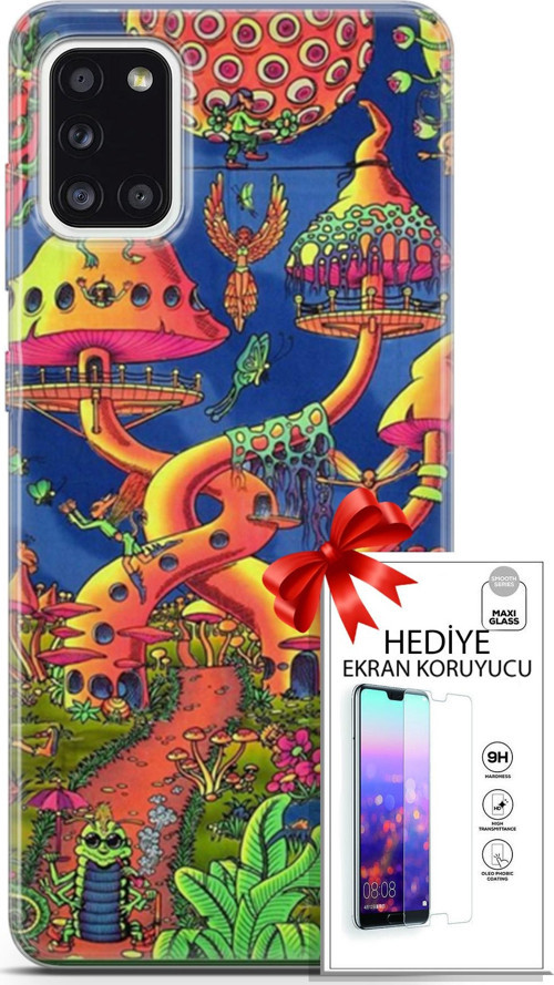 Samsung Galaxy A31 Kılıf Orijinal Seri Cardano 05 Mantar Evler Koruma Kılıfı + Ekran Koruyucu