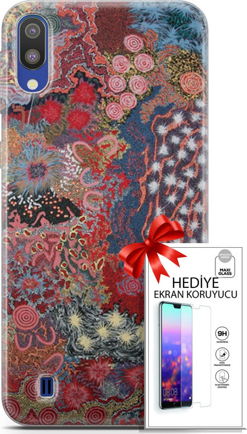 Samsung Galaxy M10 Kılıf Orijinal Seri Cardano 07 Suluboya Desenli Kılıf + Ön Ekran Koruyucu