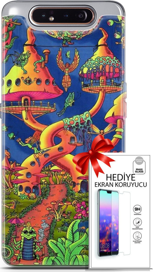 Samsung Galaxy A80 Kılıf Orijinal Seri Cardano 05 Mantar Evler Koruma Kılıfı + Ekran Koruyucu