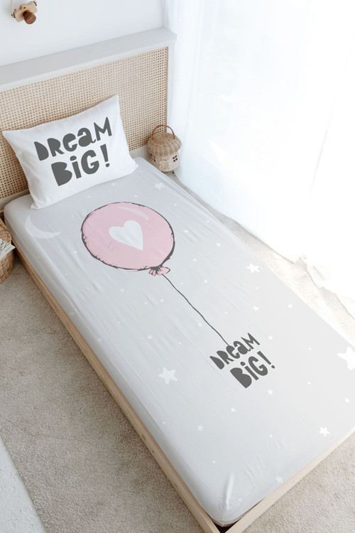 Tek Kişilik Lastikli Çarşaf Seti - Pure Baby Serisi - Pembe Kalpli Balon