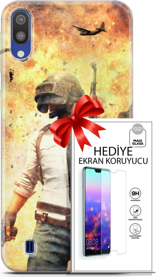 Samsung Galaxy M10 Kılıf Orijinal Seri Pubg 29 Uçak Paraşüt Leke Tutmaz Kapak + Ekran Koruyucu