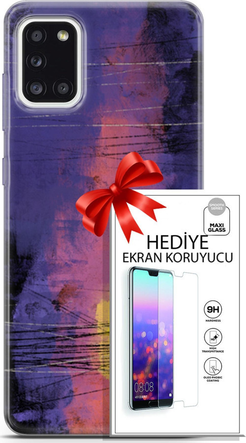 Samsung Galaxy A31 Kılıf Orijinal Seri Nature 04 Mor Kırmızı Silikon Kılıf + Ekran Koruyucu Full Koruma