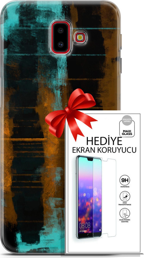 Samsung Galaxy J6 Plus Kılıf Orijinal Seri Nature 05 Turkuaz Siyah Koruma Kılıfı + Ekran Koruyucu