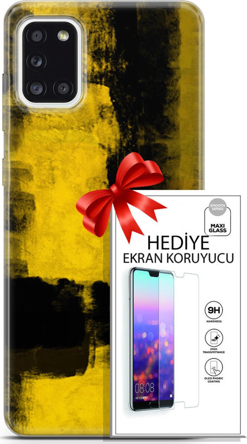 Samsung Galaxy A31 Kılıf Orijinal Seri Nature 08 Sarı Siyah Baskılı Kılıf + Ekran Koruyucu