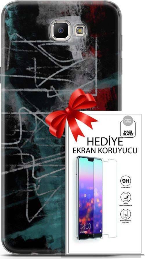 Samsung Galaxy J7 Prime Kılıf Orijinal Seri Nature 07 Gri Çizgiler Desenli Kılıf + Ön Ekran Koruyucu