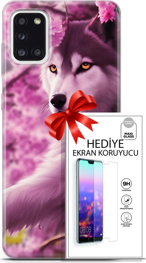 Samsung Galaxy A31 Kılıf Orijinal Seri Dogs 02 Çiçekler Ve Kurt Kapak Ve Ekran Koruyucu