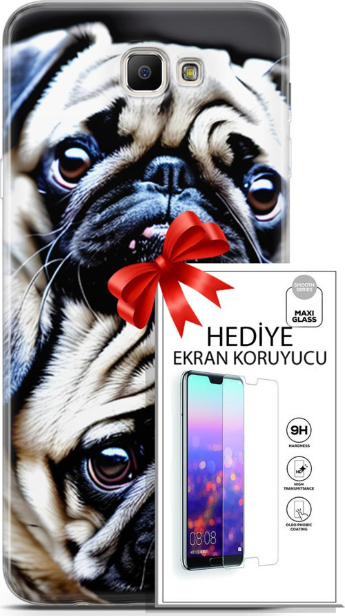 Samsung Galaxy J7 Prime Kılıf Orijinal Seri Dogs 20 İkili Pug Renkli Kılıf Ekran Koruyucu