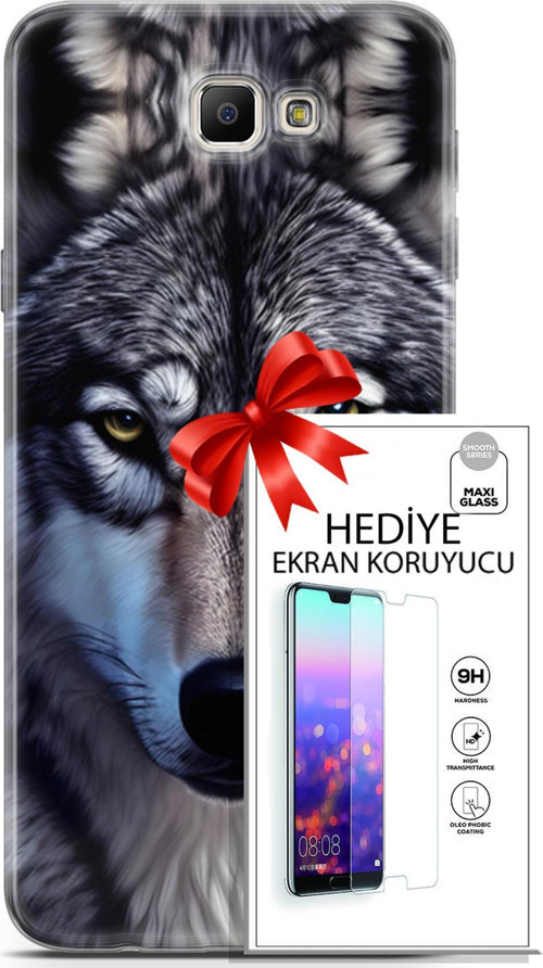 Samsung Galaxy J7 Prime Kılıf Orijinal Seri Dogs 07 Kurt Yüz Desenli Kılıf + Ön Ekran Koruyucu