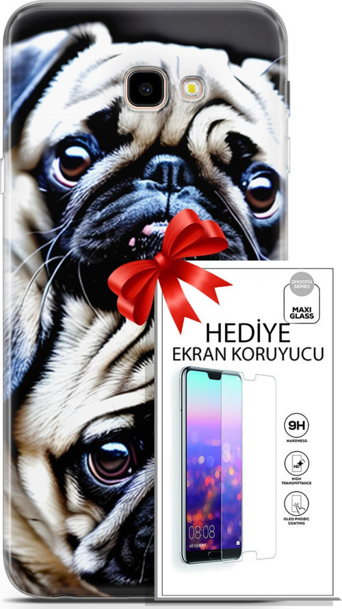 Samsung Galaxy J4 Plus Kılıf Orijinal Seri Dogs 20 İkili Pug Renkli Kılıf Ekran Koruyucu