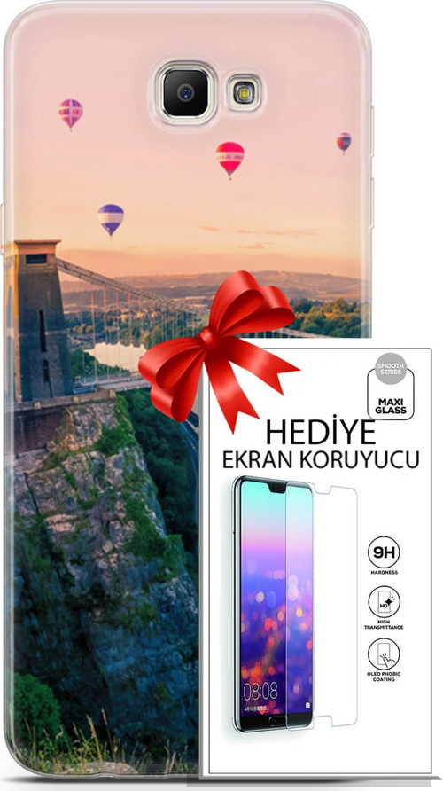 Samsung Galaxy J7 Prime Kılıf Orijinal Seri Fantasy 07 Köprü Balonlar Desenli Kılıf + Ön Ekran Koruyucu