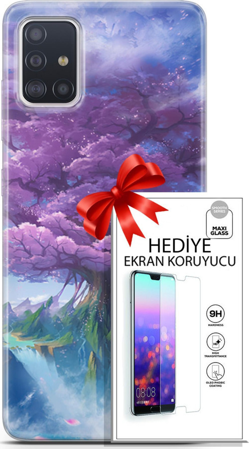 Samsung Galaxy A71 Kılıf Orijinal Seri Fantasy 27 Bahar Ağaç Lazer Kesim Silikon Ekran Koruyucu