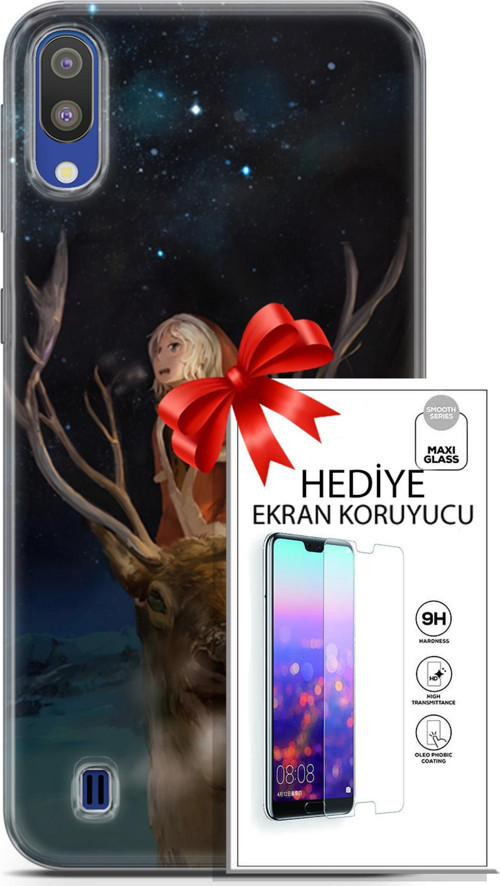 Samsung Galaxy M10 Kılıf Orijinal Seri Fantasy 18 Geyik Kız Parlak Kılıf + Ekran Koruyucu Full Koruma