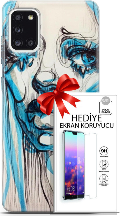 Samsung Galaxy A31 Kılıf Orijinal Seri Soul 26 Hüzünlü Yüz Soft Kapak + Ekran Koruyucu