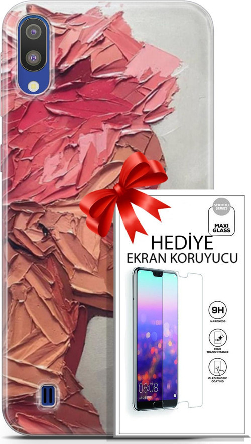 Samsung Galaxy M10 Kılıf Orijinal Seri Soul 08 Pembe Baskılı Kılıf + Ekran Koruyucu