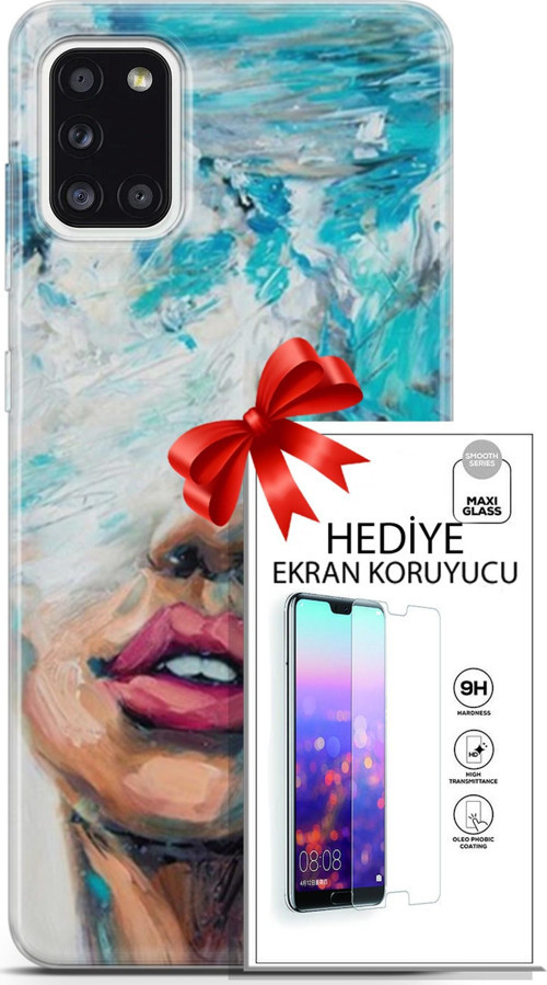 Samsung Galaxy A31 Kılıf Orijinal Seri Soul 12 Beyaz Mavi Tasarım Kılıf + Ekran Koruyucu