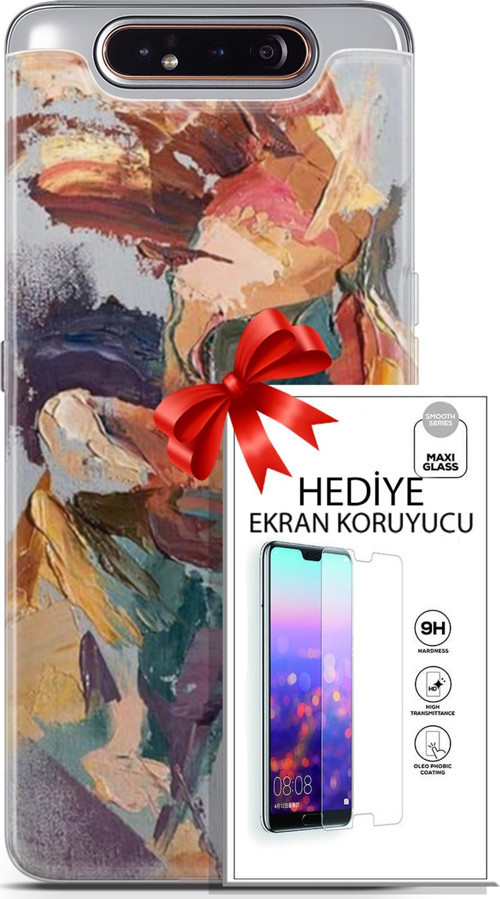 Samsung Galaxy A80 Kılıf Orijinal Seri Soul 04 Soyut Silikon Kılıf + Ekran Koruyucu Full Korumake