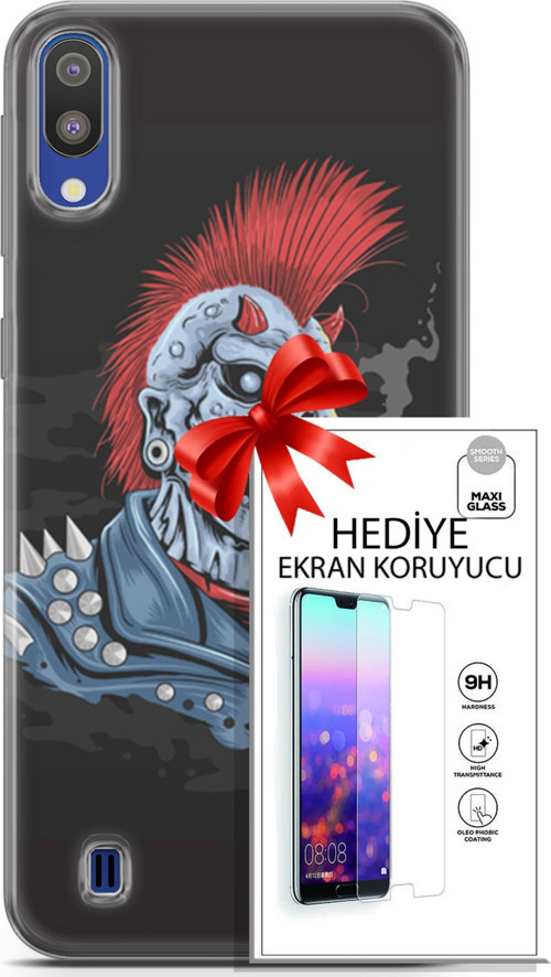 Samsung Galaxy M10 Kılıf Orijinal Seri Punky 04 Punk Skeleton Silikon Kılıf + Ekran Koruyucu Full Koruma