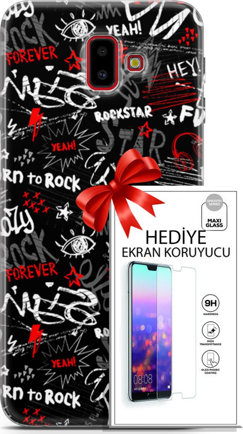 Samsung Galaxy J6 Plus Kılıf Orijinal Seri Punky 25 Yeah Rock Soyulmayan Kılıf + Ekran Koruyucu Full